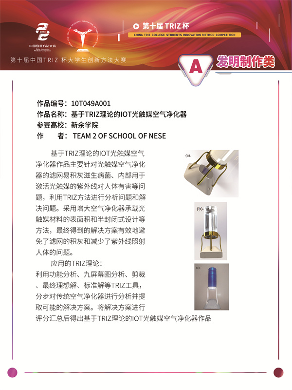 10T049A001 新余学院 Team 2 of School of NESE 基于TRIZ理论的IoT光触媒空气净化器